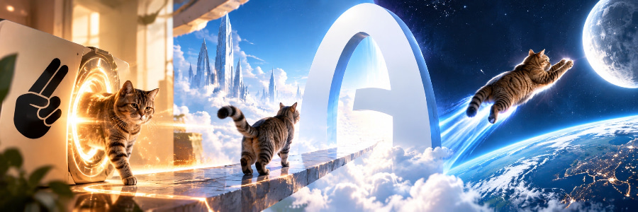BeanCat crossing the Arc — portal, monument, and orbit